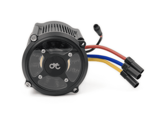 Black electric motor with wires and logo.